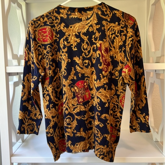 Lauren Ralph Lauren Silk Cotton LRL Crest Pattern Gold Button Cardigan Sweater L - Picture 2 of 7